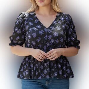 Ava & Viv 3X NWT Black Purple Floral Peplum Blouse Smocked Waist Flutter Sleeve